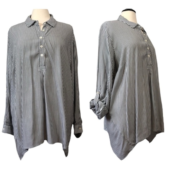 Premise Studio Gray White Stripe Sharkbite Hem Top 2X - Picture 1 of 14
